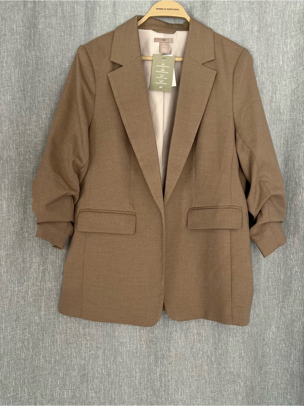 NWT H&M Gathered Sleeve Blazer Light Brown/Taupe Size L Oversized Casual